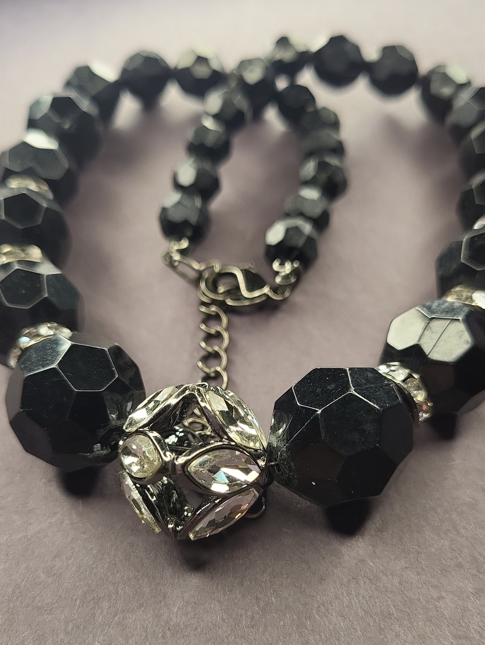 Faceted Black Bead Necklace with Crystal Orb Accent